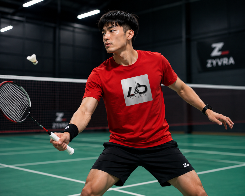 A male athlete in a red t-shirt and black shorts playing badminton on an indoor court, holding a racket and looking intently at a shuttlecock. The background shows a dark gymnasium with ZYVRA branding.