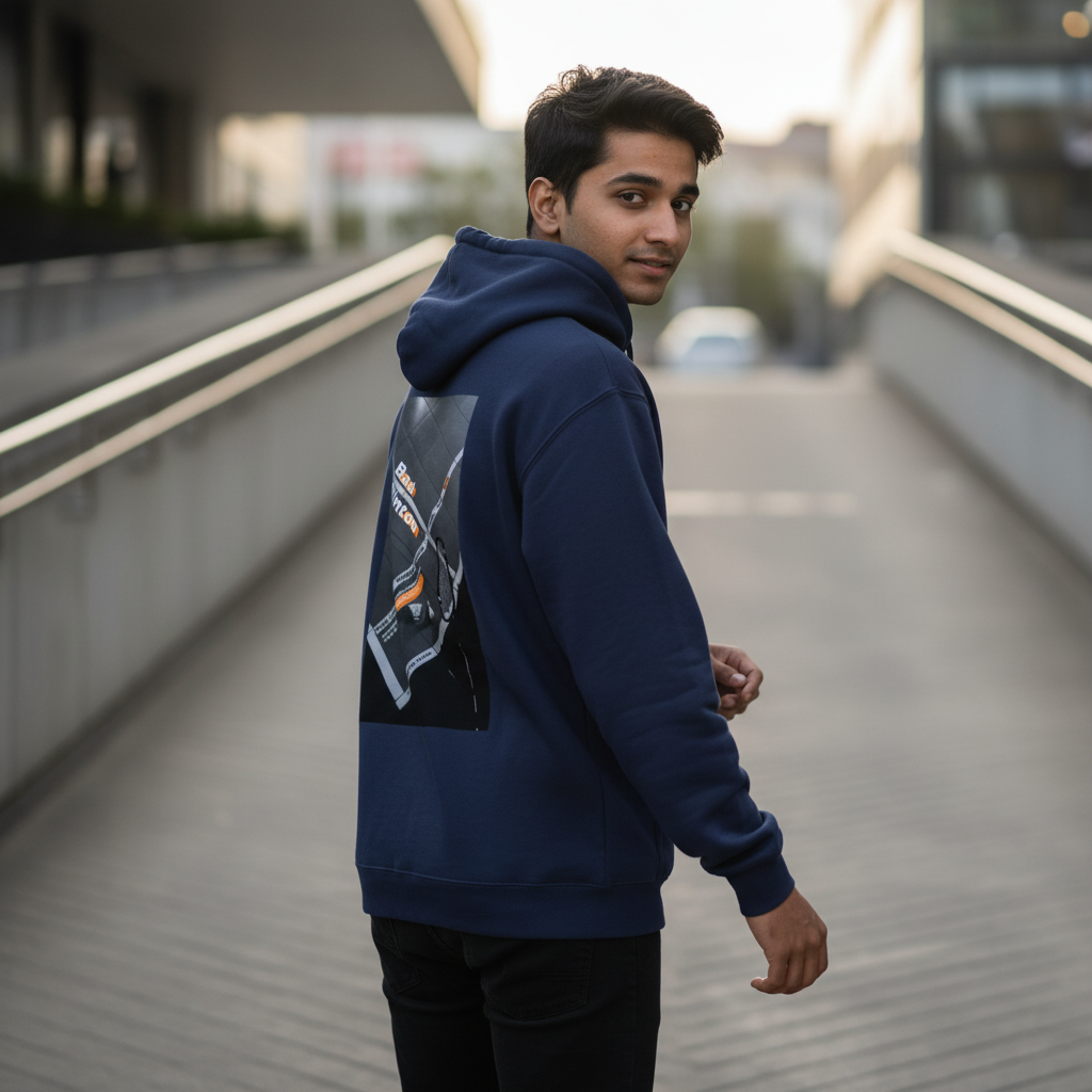 Navy Blue hoodie natural three-quarter-back model pose