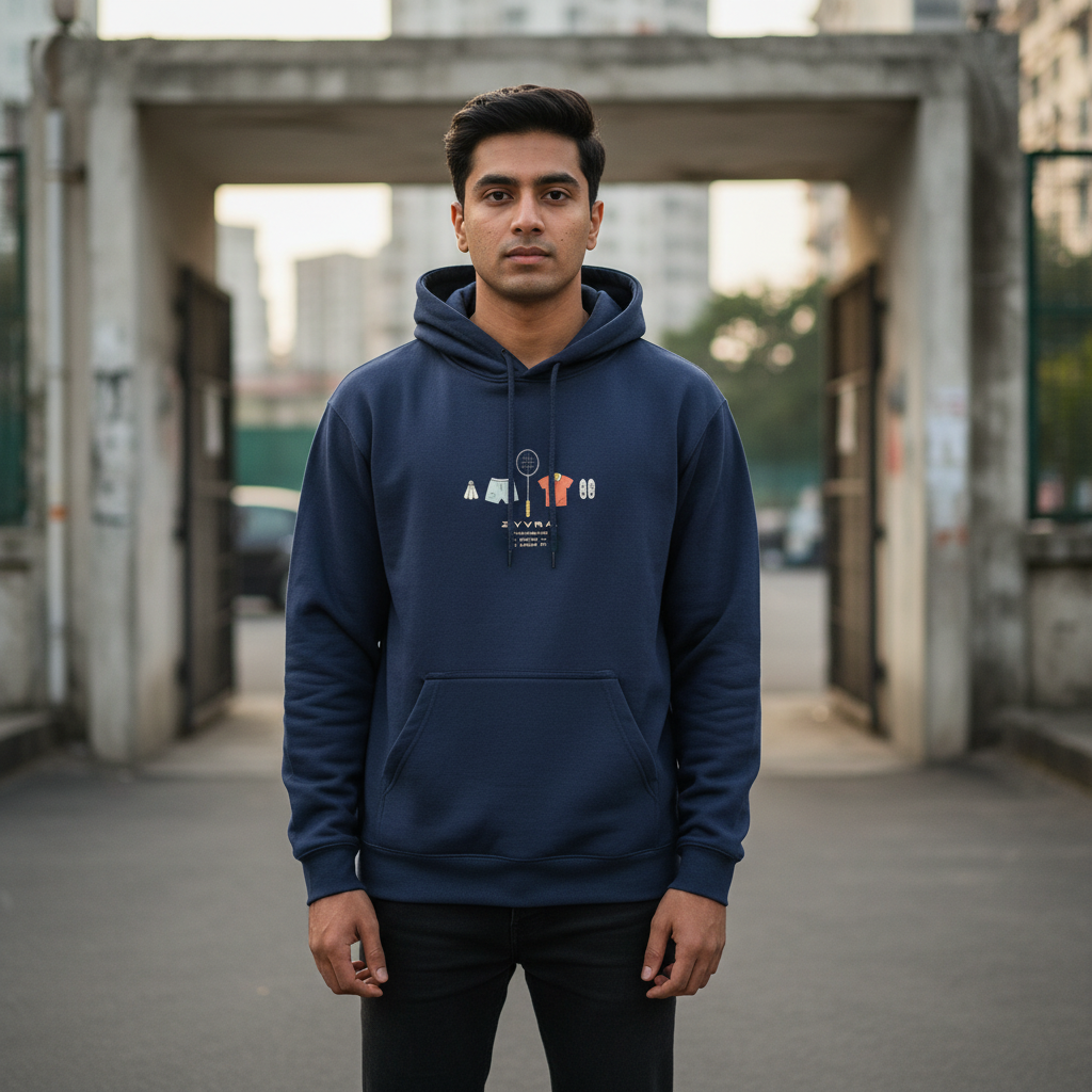 Navy Blue ZYVRA Shuttle Series Pullover Hoodie front model image
