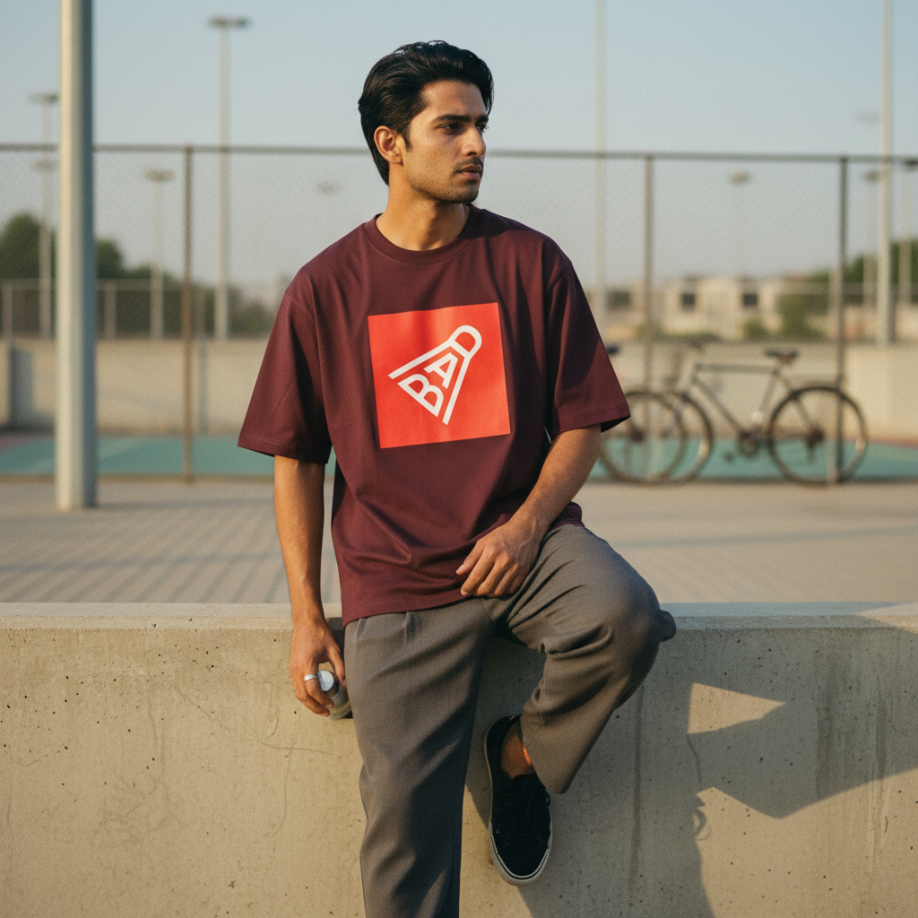Premium Maroon ZYVRA Court Legend Oversized Tee model mockup