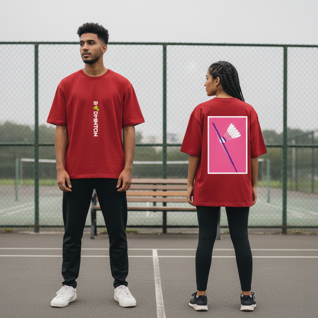 Red Court Culture Oversized Tee front-and-back two-model mockup