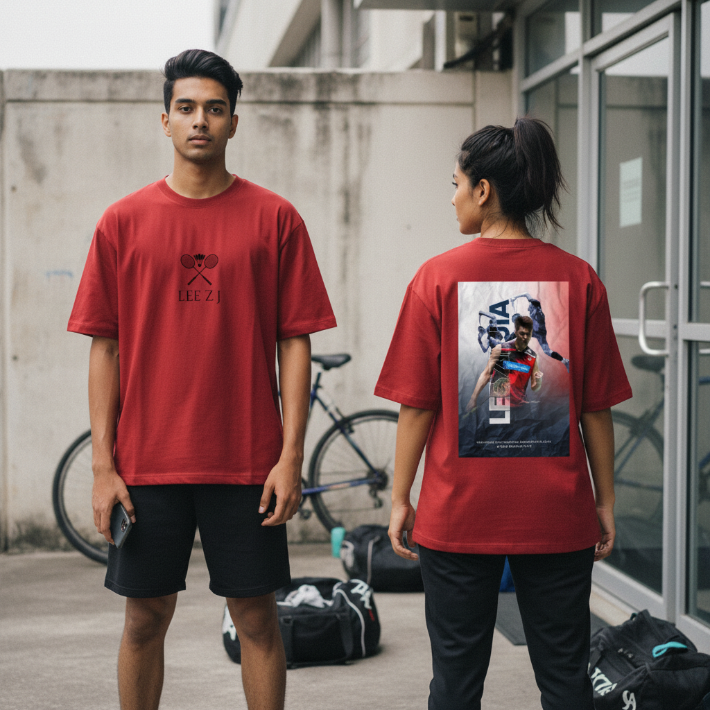 Red ZYVRA Ace Series Oversized Tee front-and-back two-model mockup