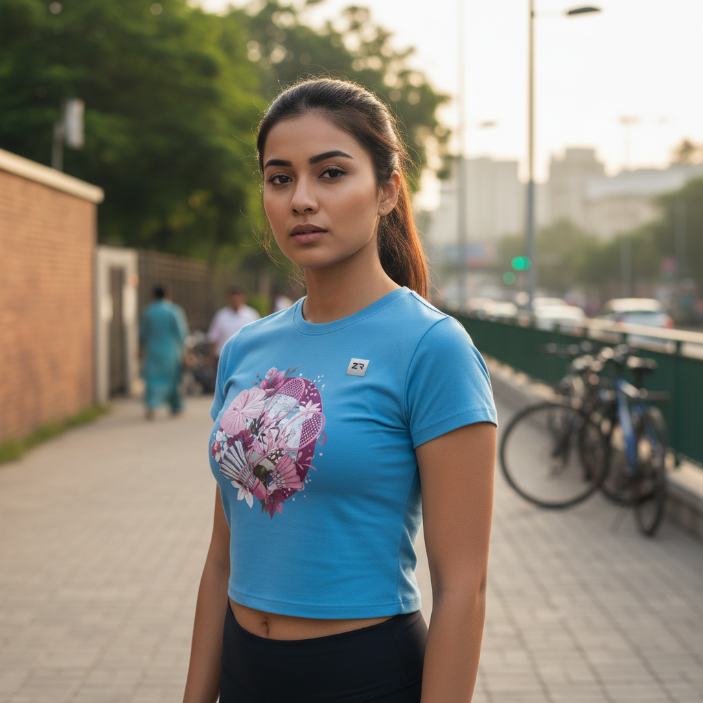 Sky Blue ZYVRA Court Queens Crop Top outdoor mockup